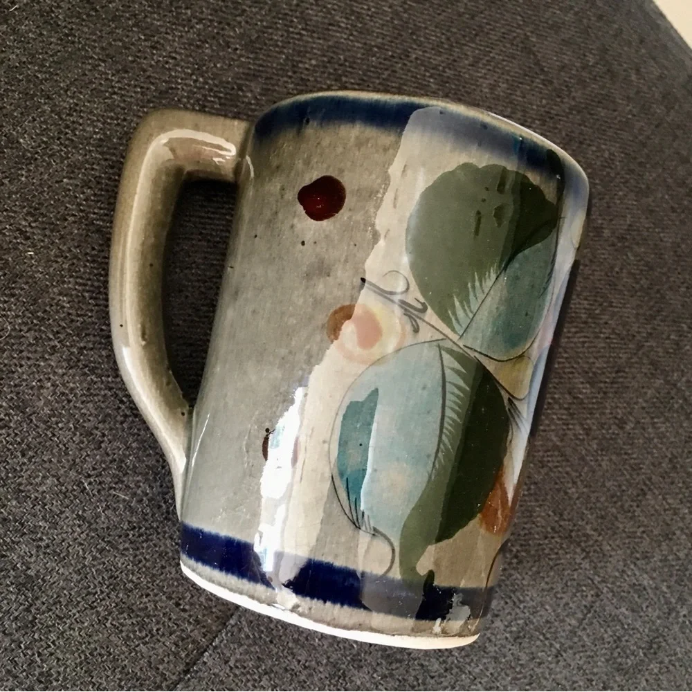 Handmade Mexican Pottery Mug, Floral, Blue, Gray, Colorful, 16 oz